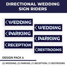 Wedding Sign Kit | 24"W x 6"H Signs (6) | Includes Metal H-Stakes, 6"W x 24"H (6) Designs: Parking (2), Reception (1), Wedding (2), Restrooms (1)