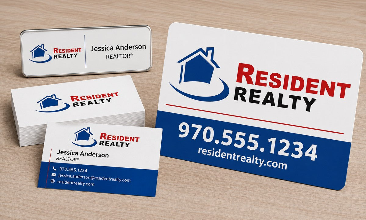Resident Realty agent branding kit with name tag, business cards and vehicle magnet