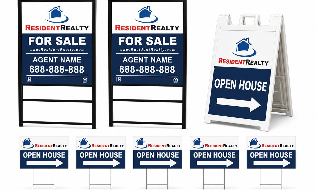 Resident Realty new agent sign kit with two H-frame signs, one A-frame and five directional signs