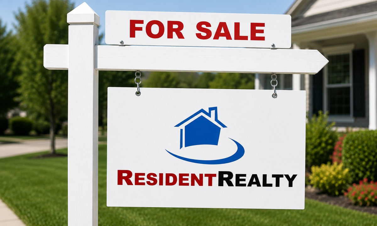 Resident Realty sign rider mounted above a listing sign